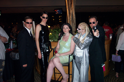 			<B>Agent, Trinity, Persephone, a Twin, and Agent</B>
 from The Matrix Reloaded