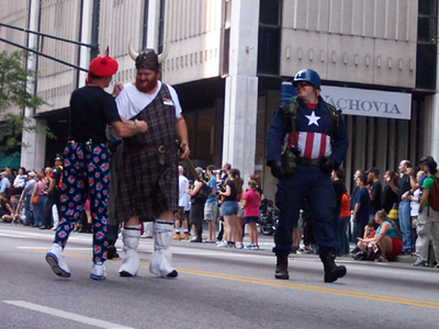 			<B>Unknown, Hagar the Horrible, and Captain America</B>
